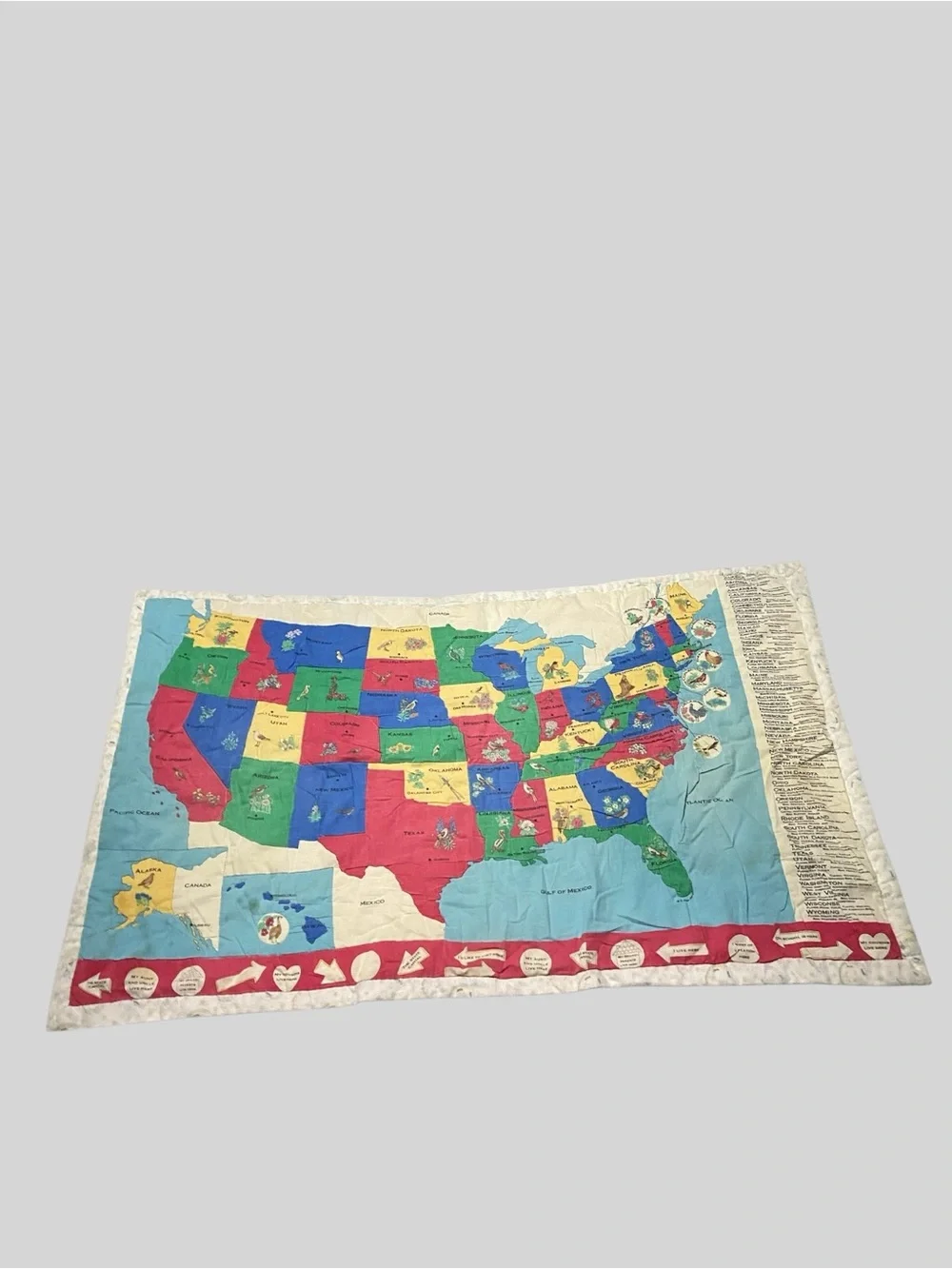 Vintage United States Wall Hanging Quilt Map State Flower/Bird Classroom Decor